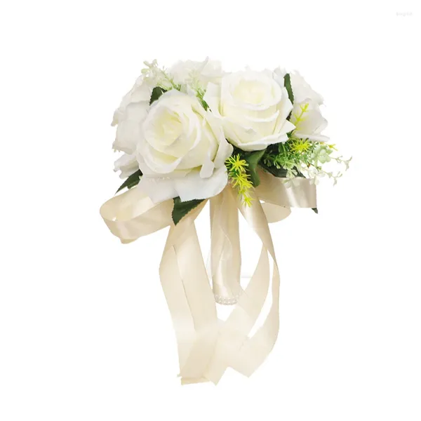 Dekorative Blumen Simulation Braut Bouquet mit Band romantische weiße künstliche Rosen DIY Braut Blumensträuße Hochzeitsfeier Dekoration