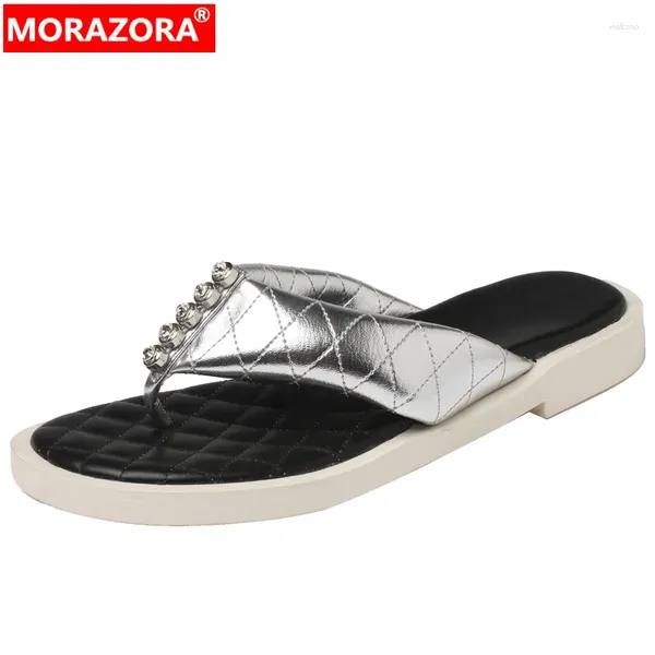 Slippers Morazora 2024 Rhinestone Sheepskin Leather Woman feminino Flip Flip Sapatos planos com salto