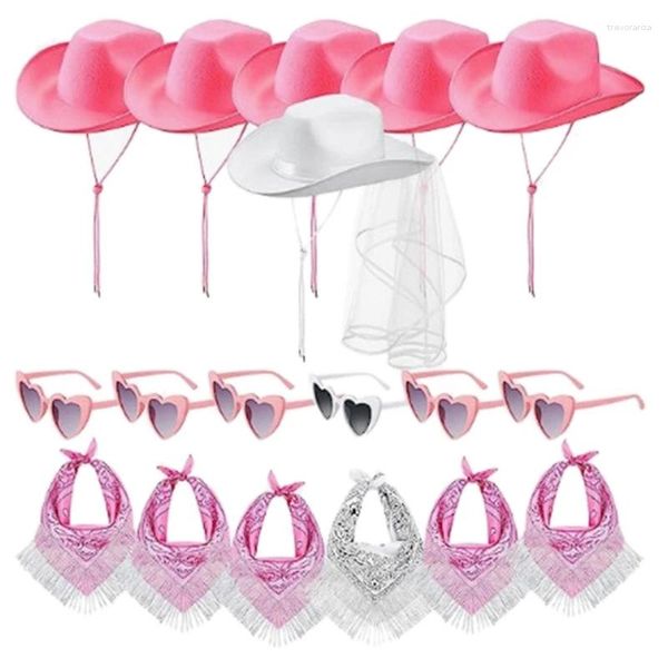 Berets Cowgirl Hut Sonnenbrille Kerchief Set für Brautdusche Junggeselle Party Braut und Brautjungfern mit Schleier
