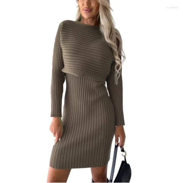 Lässige Kleider Frauen Fall 2 Stück Pullover Set Rippes Strick Langarm O-Neck Crop Top und ärmellose Midi Bodycon Kleid Outfit N7YD