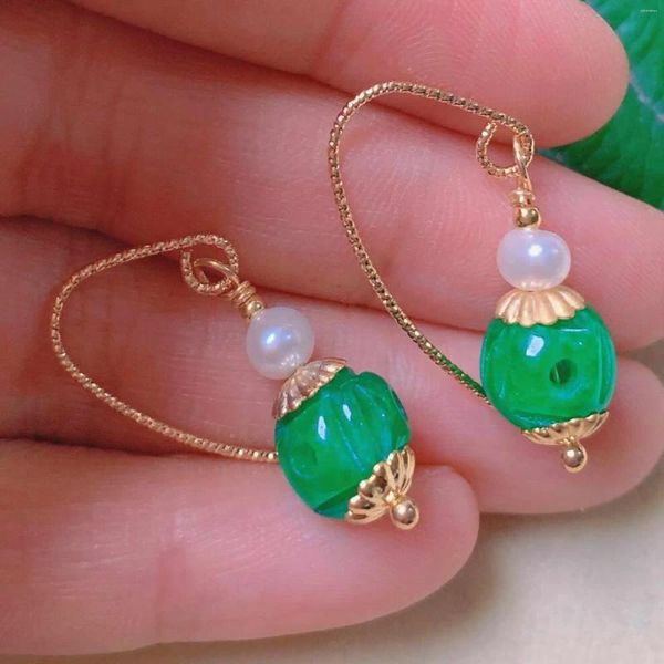 Orecchini a pennello a forma di zucca naturale Jadeite perla perle a orecchio oro gancio platino perline fatte a mano anni lampadario quotidiano Bridal