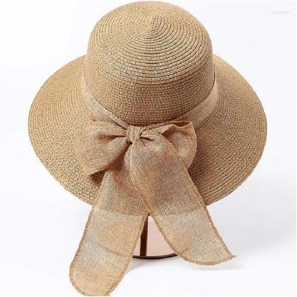 Chapéus largos da borda Mulheres Summer Summer Praw Beach Sun Hat Feminino UV Proteção com fita de arco Senhoras Panamá Cap