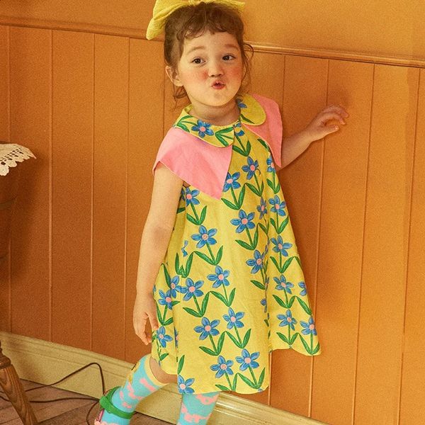 Summer Kids Girls Dress Posh Doll Neck Design Baby Corean Style Floral Print Bowknot Casual Plays одежда 240325