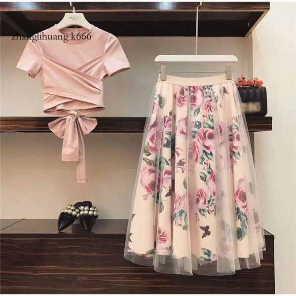 Florale 2024 Stampa Women Thirt+Gonna in maglia Abiti Bowknot Vintage Due set di set eleganti 2019 Summer Girl Tees Tops Ops