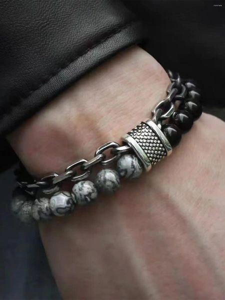 Armreifen 1 Paar Punk schwarze Perlen mit Natursteinperlen Kette Doppelschicht Armbänder Herrenmodische Single Holiday Travel Freizeit