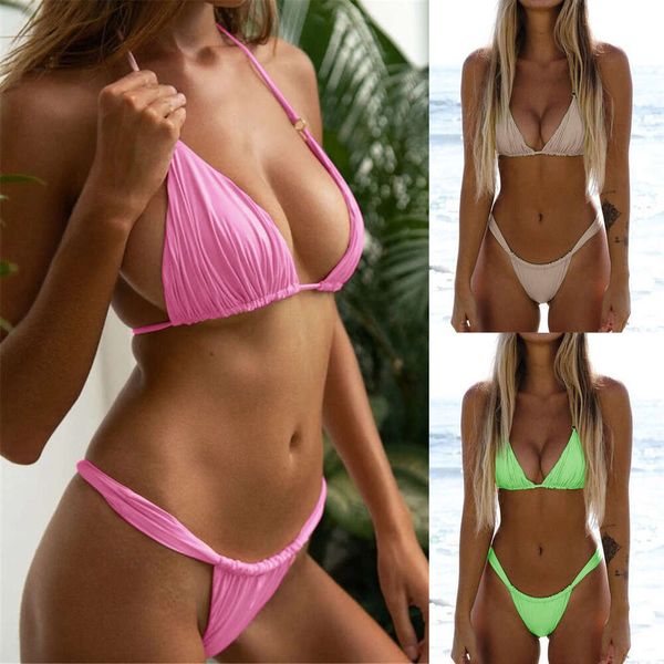 Due pezzi di bikini alti con bretelle, set sexy solido in pizzo da donna, spingi il carrello di costumi da bagno