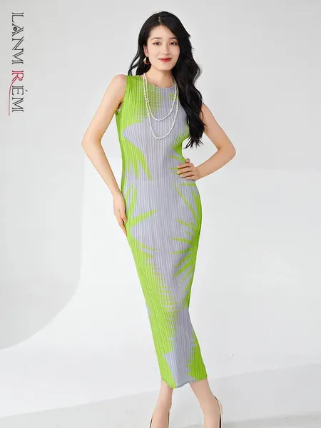Lässige Kleider Lanmrem gedrucktes ärmelloses schlankes Kleid für Frauen runder Nackenblock Elegant Long Plisse 2024 Sommer 2DA4808