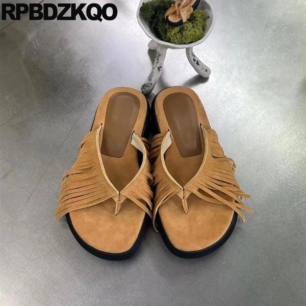 Slippers Tassel Muffin plangs marrom marrom high slobuck slides sapatos de couro genuíno mulheres franjas de forma plana grossa sandálias de flip -flop