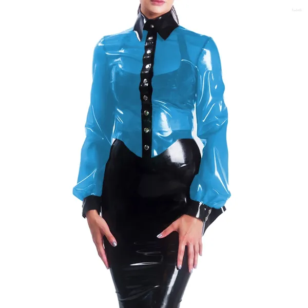Женские блузки nighclub Округающий воротник прозрачный пластиковый ПВХ женские рубашки сексуальные лоскутные плитки с длинным рукавом