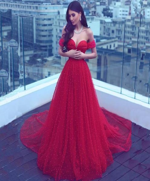 Perlen im arabischen Stil rote Abschlussballkleider Langer Schatz Tüll Lange Zug Perlen formelle Partykleid -Festzugskleider Plus Size6834800