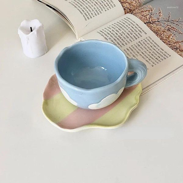 Canecas Coração da menina coreana adorável xícara de caneca caneca de flor de leite punhado para casa para casa azul céu de nuvem branca de nuvem