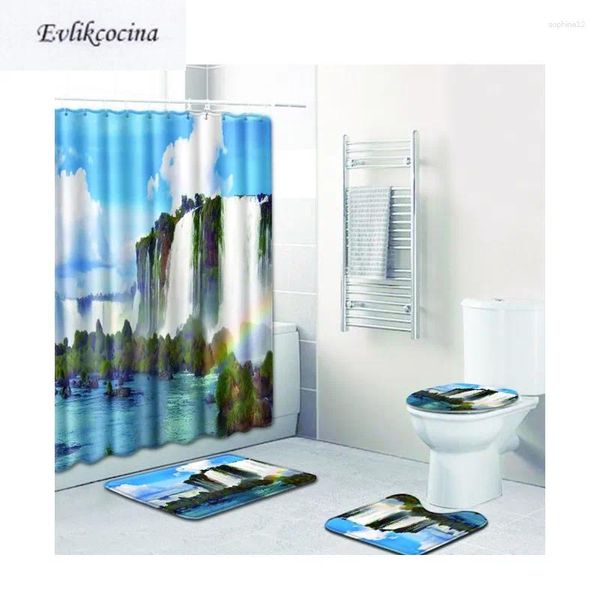 Tappetini da bagno 4pcs blu cielo cascata banyo set anti -slip bagno da bagno banheiro tappeti per toilette lavabili alfombra bano