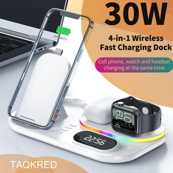 Chargers 30W 4 in 1 Qi Wireless Charger Dock Station Station Fast Charging Stand per iPhone 13 12 11 XS XR X 8 Apple Watch SE 6 5 4 3 AirPods Pro