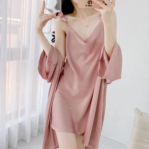 Heimkleidung zweiteiliger Sommer Bademantel Kleid Anzug Frauen Nachtwäsche Nachthälfte Set Nightkide Loungewear Rayon Satin Kimono Kleid