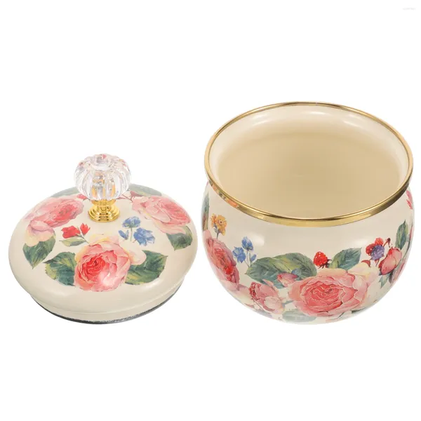 Dinnerware Define o esmalte de esmalte jar jar açúcar gotas de chá de chá padrão de flores de graxa recipiente de gravação de óleo vintage pode jogar tampa