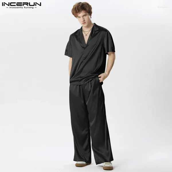 Men's Tracksuits Incerun 2024 American Style Men Desenta Camisas de mangas curtas de cetim sólidas calças casuais machos de jogo simples 2 peças