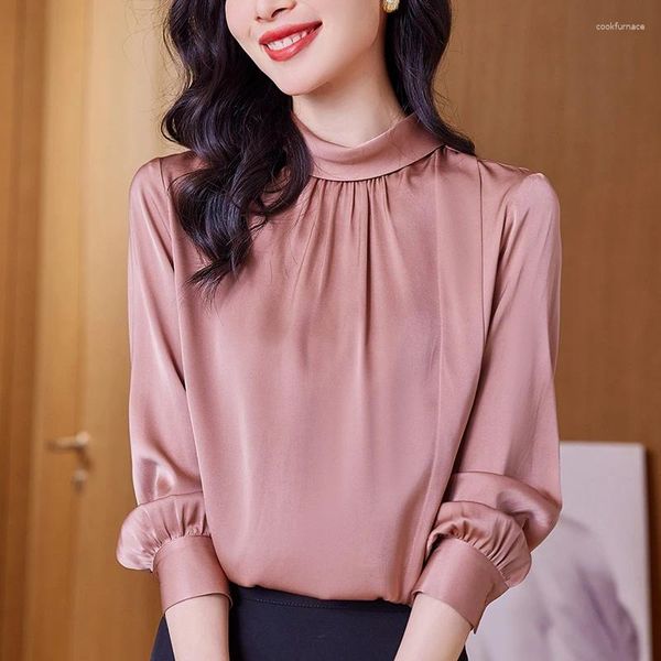 Frauenblusen echte Seidenbluse elegante Hemden für Frauen stehen Kragen Langarm Vintage Office Dame Solid Shirt Lose Tops