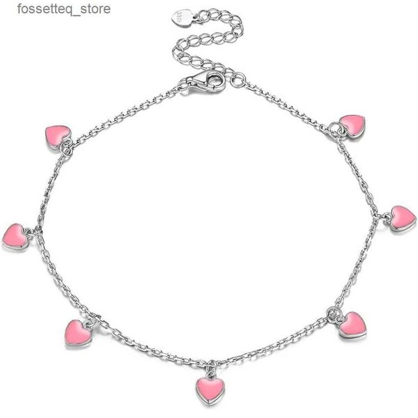 Caviglieri 925 Sterling Sterling Anklet Pink smalto Pink Heart Ankle Diecty Cute Beach Beach Cadle Chain for Women L46
