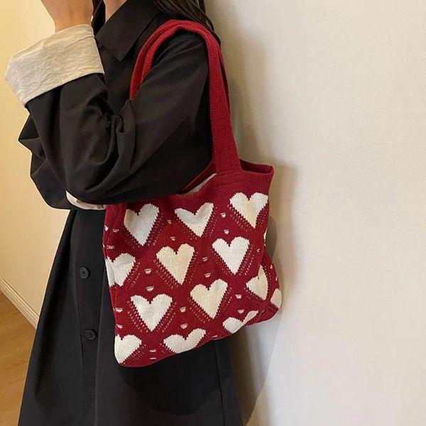 Umhängetaschen Frauen Mädchen Häkeln Einkaufstasche mit großer Kapazität Herzmuster Y2K Einkaufen täglich Pendelpendel All-Match
