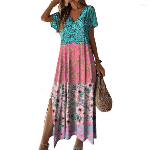 Повседневные платья женщины с цветочным принтом v Нек для ретро -этнического стиля длина лодыжки