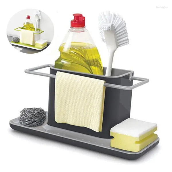 Armazenamento de cozinha estrondo estrondo de prateleira drenando pia de pia Organizer rack stand utensils toalha