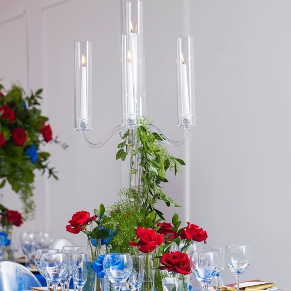 para led vela) elegante 5 braço de altura acrílico cristal candelabra castiçadores centrais para decoração de mesa de casamento