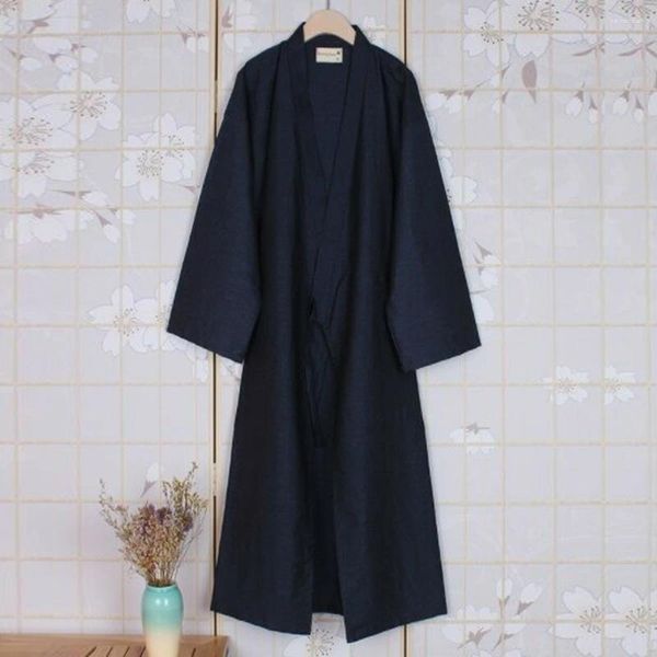 Roupas domésticas moda estilo japonês kimono túnio de cor sólida renda up robes de pijamas de pijamas longos mantos de algodão pijama para homens