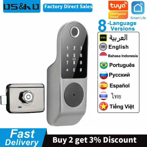 Bloquear Tuya Smart Lock Wi -Fi Printing Rim Lock Card Smart Code Digital Lock de porta eletrônica para Segurança em casa Mortise