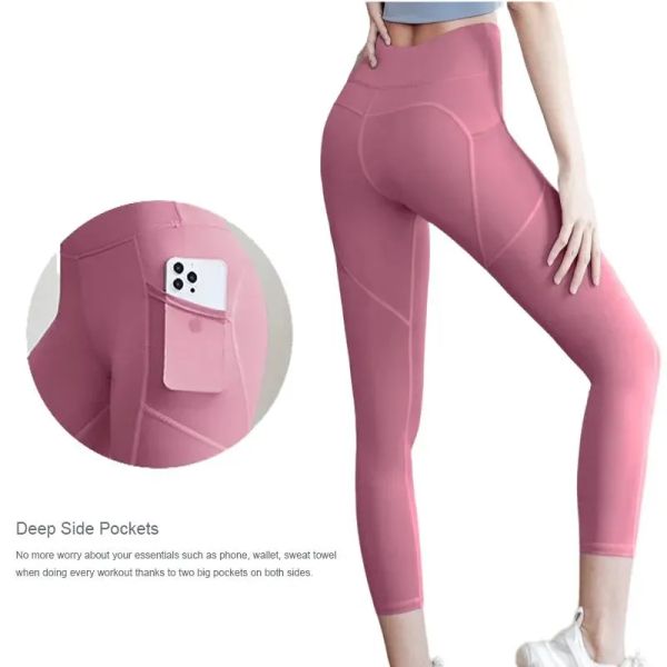 Frauenhose Capris Yoga ausrichten Leggings Hosen mit Taschen Shorts Cropped Hosen Outfits Lady Sports Hosen Übung Fitness Wear Girls Running Leggings Fitnessstudio Slim Slim