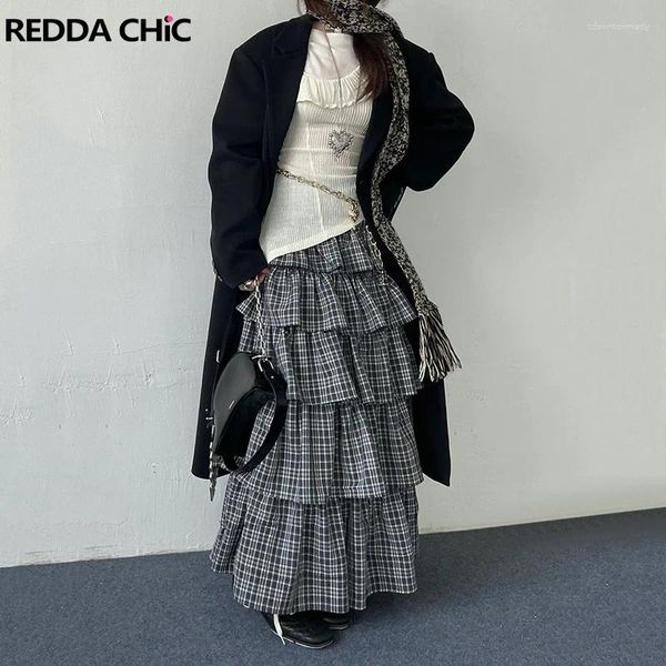 Saias Rororiri Multi-camadas saia xadrez longa feminina coreana vintage cinza bolo de cintura baixa casual escola y2k streetwear