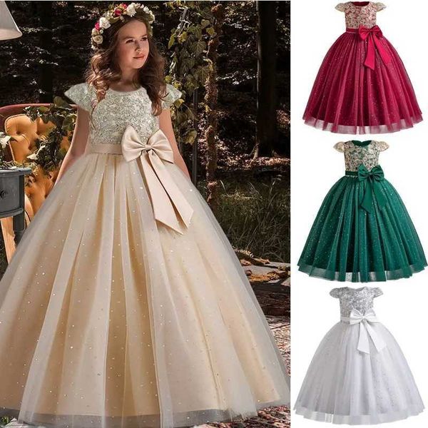 Abiti da ragazza Abito da damigella d'onore per ragazze per la damigella d'onore per il pizzo di nozze Egant Teen Evening Dresses Backss Big Bow Childre