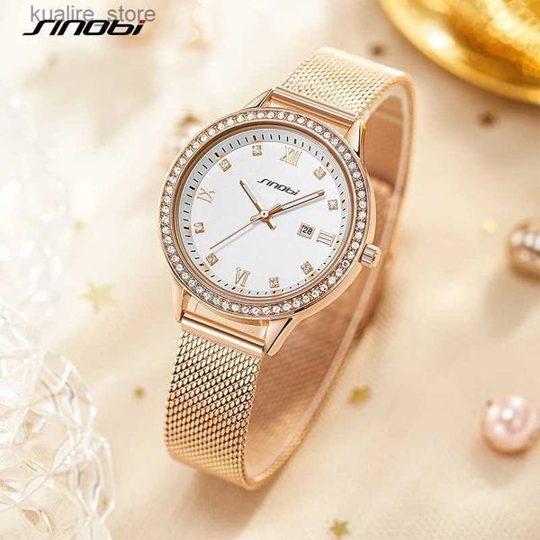 Relógios femininos Sinobi Moda Diamante Mulher Es Golden Women Quartz Wristes Elegent Ladies Calender Box Caixa Relógio Relógio Feminino L240402