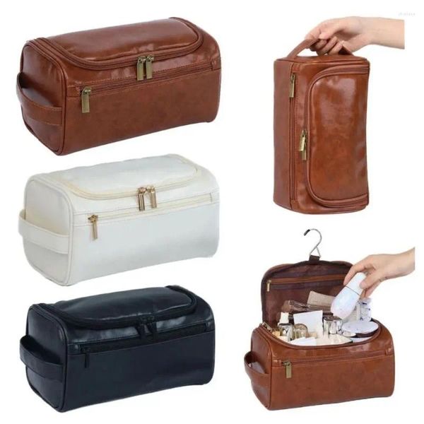 Bolsas de cosméticos Organizador de produtos de higiene pessoal de couro pu, grande capacidade com bolsa de armazenamento pendurada portátil bolsa de maquiagem à prova d'água portátil Men