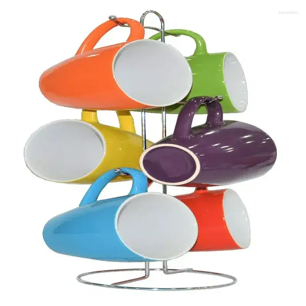 Mughe Multi Color 6 PC.Set di tazze da caffè in ceramica con un supporto in metallo 15 once.Coppe di caffè Bubu e Dudu Cup Cup Saucer Shaker Plast