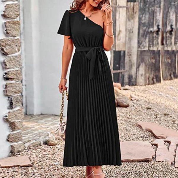 Vestidos casuais Mulheres Lace Up Dress Summer Dress 2024 Solid Color Solid Cantura alta elegante ombro inclinado BEM Ladies Party Party Party