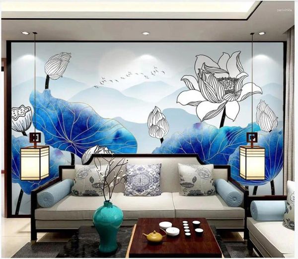 Papel de parede de parede PO personalizado para paredes 3 D murais linhas de tinta azul chinesa desenho de lótus flor de pássaro de pássaro mural de estilo de pássaro