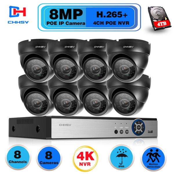 Sistema 4K Ultra HD 8MP Security Camera System H.265 Poe NVR Kit CCTV Motivo ao ar livre Branco/Black Dome IP Video Video Videoveillance Camera Conjunto de câmeras