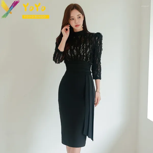 Abiti casual abiti fomal eleganti in pizzo vuoto nero cucito a mezza manica primavera 2024 Fashion Slim Bodycon Vestido Club