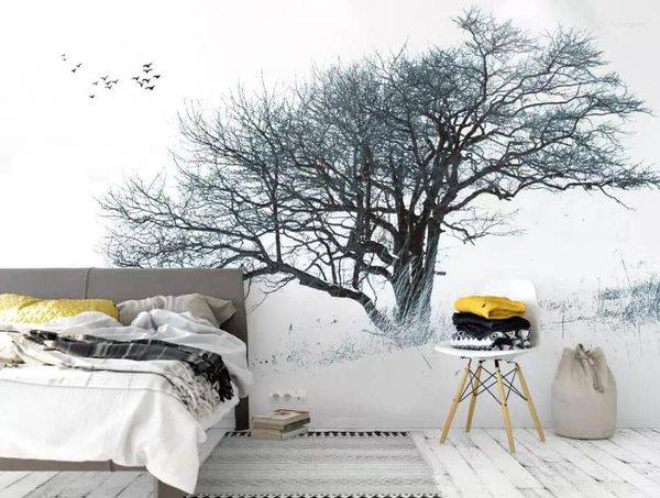 Sfondi CJSIR Custom PO Wallpaper moderno Abstract Nordic Big Tree Bianco e nero Sfondo di neve pesante Wall 3D