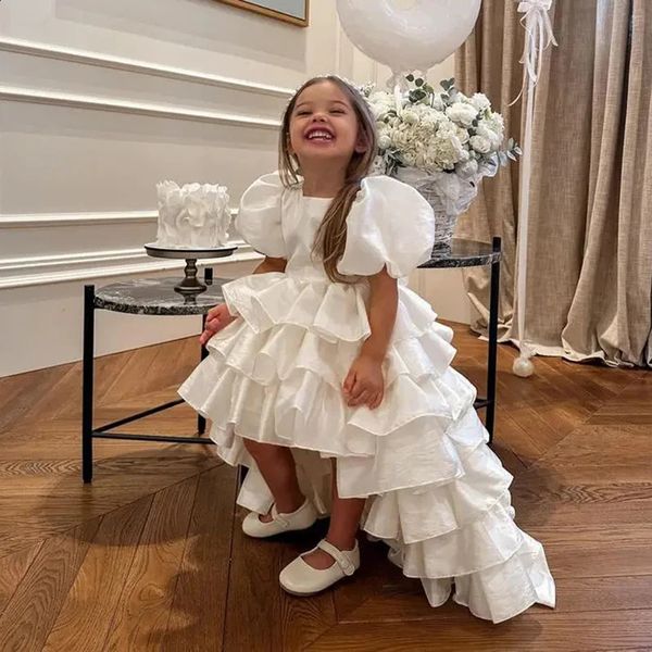 Beyaz katmanlı çiçek kız elbise düğün kabarık saten ile yay çocuk partisi prenses pageant elbise ilk cemaat elbisesi 240323