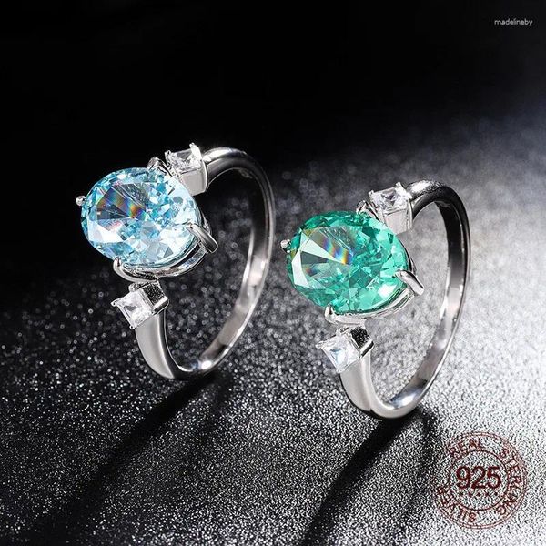 Anéis de cluster 925 jóias de zircão de prata esterlina 8x10mm forma de ovo verde aquamarina cor de cor de alto carbono de alto carbono anel