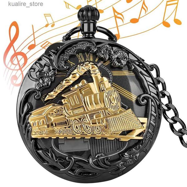 Pocket Watches Hollow Handle Music Quartz Pocket Plays Music Focus Chain Relógio Coleção de motocicletas Melhor presente para homens L240402