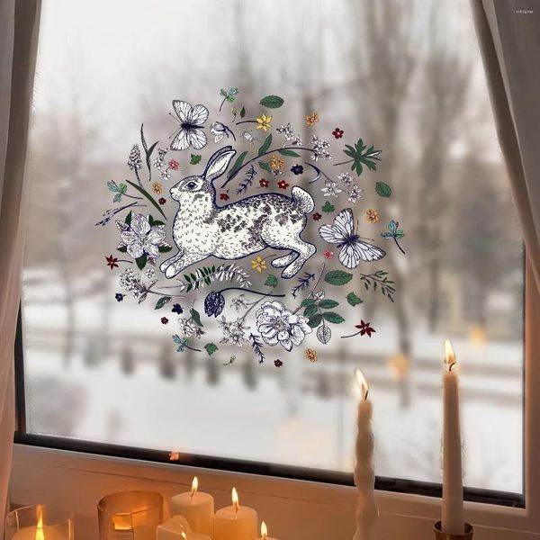 Pencere Çıkartmaları Kizcozy Raibbit ile Çiçek Kelebek Su Geçirmez Tutuklu Olmayan Yeniden Kullanılabilir Statik Yapışan Film Dekoratif Cam Sınır