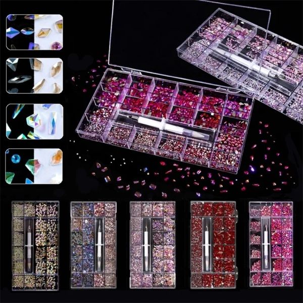 Decorações 2800/3100pcs kit de strassães de arte com pedras rosa vermelho de cristal AB, decoração de manicure com caneta de broca