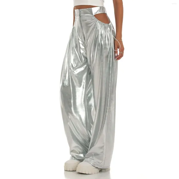 Pantaloni da donna donna a colori solidi tubo dritti a livello sciolto alla moda con cintura ad alta cintura argento cavo casual y2k