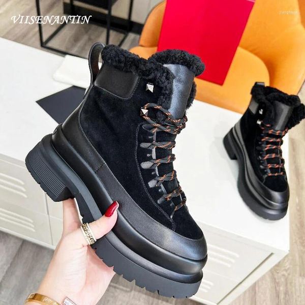 Botas de lã quente lã peles de inverno de inverno Chegada encravada na sola grossa plataforma altura aumentando o calçado cool knight bootie sapato marrom verde