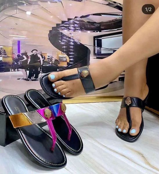 Yüksek kaliteli Kurt Geiger Flip Flops Terlikleri Kadın Sandalet Dikiş Lüks Gökkuşağı Takip Tasarımcı Slaytlar Düz Ayaklar Kartal Kafa Elmas Toka Plus Moda 2745