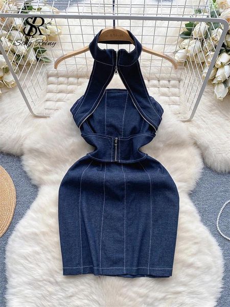 Abiti casual Singreiny Halter Zipper Abito sexy 2024 chic slim fit maniche senza maniche estate streetwear spalline denim senza spalline