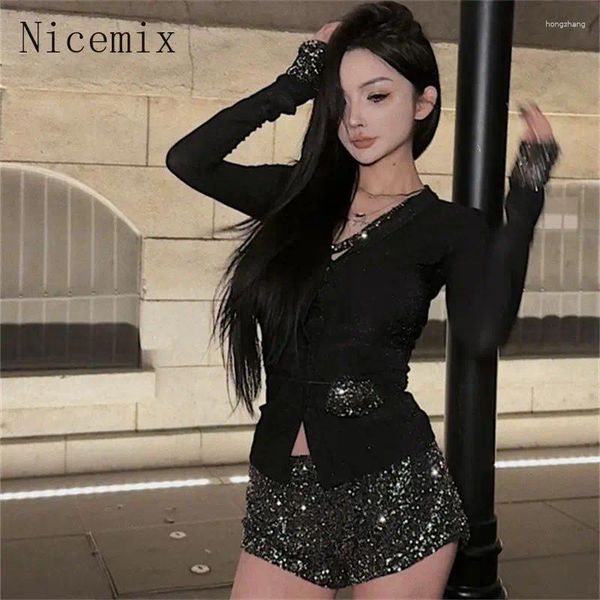 Mulheres de moda coreana de trajes femininos de picapes da primavera picante de picante de rua sexy slim decote em vil de lantejoulas pretas de lantejoulas
