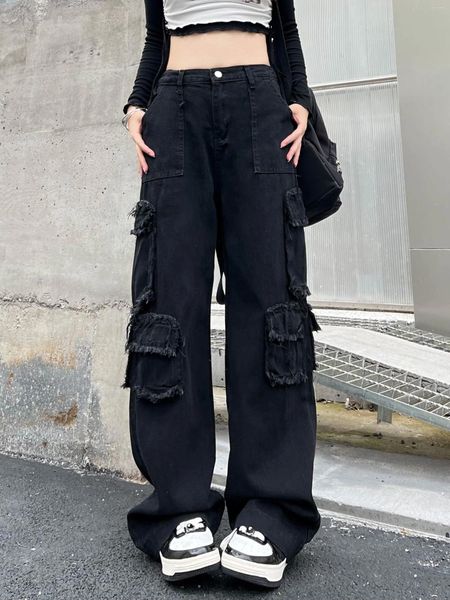 Frauen Jeans Hip Hop Street Schwarze Arbeit Y2K für Frauen 2024 Spring Mode hohe Taille gerade Rohrstropfen lange lose Weitbeinhosen